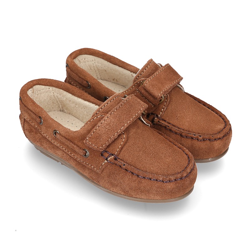 Suede leather Moccasin shoes with hook and loop strap closure design ...