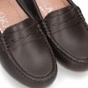 Classic SOFT leather Moccasin shoes with detail mask in brown color.