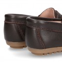 Classic SOFT leather Moccasin shoes with detail mask in brown color.