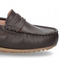 Classic SOFT leather Moccasin shoes with detail mask in brown color.