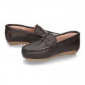 Classic SOFT leather Moccasin shoes with detail mask in brown color.