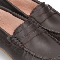Classic SOFT leather Moccasin shoes with detail mask in brown color.