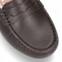 Classic SOFT leather Moccasin shoes with detail mask in brown color.