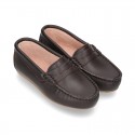 Classic SOFT leather Moccasin shoes with detail mask in brown color.