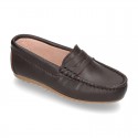 Classic SOFT leather Moccasin shoes with detail mask in brown color.