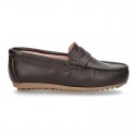 Classic SOFT leather Moccasin shoes with detail mask in brown color.