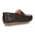 Classic SOFT leather Moccasin shoes with detail mask in brown color.