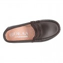 Classic SOFT leather Moccasin shoes with detail mask in brown color.