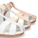 METAL leather Little caged Sandal shoes with buckle fastening.