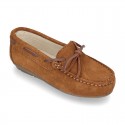 Classic Suede leather Moccasin shoes with Bows in leather color design.