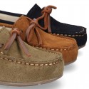 Classic Suede leather Moccasin shoes with Bows in leather color design.