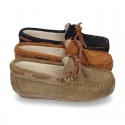 Classic Suede leather Moccasin shoes with Bows in leather color design.