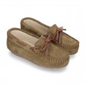 Classic Suede leather Moccasin shoes with Bows in leather color design.