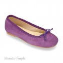 Classic suede leather ballet shoes with adjustable ribbon.
