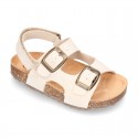 Nobuck leather sandals BIO style with velcro strap and side buckles for kids.