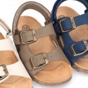 Nobuck leather sandals BIO style with velcro strap and side buckles for kids.