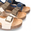 Nobuck leather sandals BIO style with velcro strap and side buckles for kids.