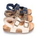 Nobuck leather sandals BIO style with velcro strap and side buckles for kids.