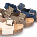 Nobuck leather sandals BIO style with velcro strap and side buckles for kids.