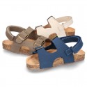 Nobuck leather sandals BIO style with velcro strap and side buckles for kids.