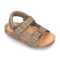 Nobuck leather sandals BIO style with velcro strap and side buckles for kids.