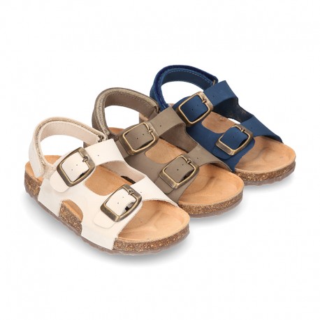 Nobuck leather sandals BIO style with velcro strap and side buckles for kids.