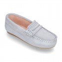 Classic SOFT SUEDE leather Moccasin shoes with detail mask in pastel colors.