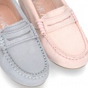 Classic SOFT SUEDE leather Moccasin shoes with detail mask in pastel colors.