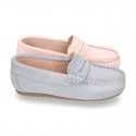 Classic SOFT SUEDE leather Moccasin shoes with detail mask in pastel colors.