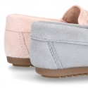 Classic SOFT SUEDE leather Moccasin shoes with detail mask in pastel colors.