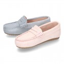 Classic SOFT SUEDE leather Moccasin shoes with detail mask in pastel colors.