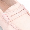 Classic SOFT SUEDE leather Moccasin shoes with detail mask in pastel colors.