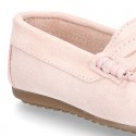 Classic SOFT SUEDE leather Moccasin shoes with detail mask in pastel colors.