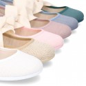 Girl LINEN canvas Ballet Flat shoes or Mary Jane shoes angel style with big ribbon closure.