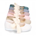 Girl LINEN canvas Ballet Flat shoes or Mary Jane shoes angel style with big ribbon closure.