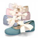 Girl LINEN canvas Ballet Flat shoes or Mary Jane shoes angel style with big ribbon closure.