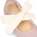 Girl LINEN canvas Ballet Flat shoes or Mary Jane shoes angel style with big ribbon closure.