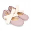 Girl LINEN canvas Ballet Flat shoes or Mary Jane shoes angel style with big ribbon closure.