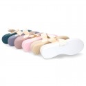 Girl LINEN canvas Ballet Flat shoes or Mary Jane shoes angel style with big ribbon closure.