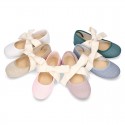 Girl LINEN canvas Ballet Flat shoes or Mary Jane shoes angel style with big ribbon closure.