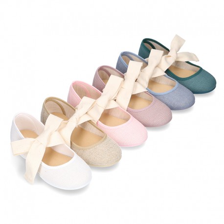 Girl LINEN canvas Ballet Flat shoes or Mary Jane shoes angel style with big ribbon closure.