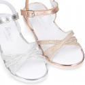 Metal finish leather sandal shoes with SHINY design and white soles.