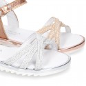 Metal finish leather sandal shoes with SHINY design and white soles.