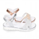 Metal finish leather sandal shoes with SHINY design and white soles.