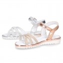 Metal finish leather sandal shoes with SHINY design and white soles.