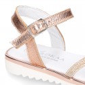 Metal finish leather sandal shoes with SHINY design and white soles.