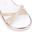 Metal finish leather sandal shoes with SHINY design and white soles.