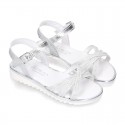 Metal finish leather sandal shoes with SHINY design and white soles.