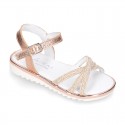 Metal finish leather sandal shoes with SHINY design and white soles.