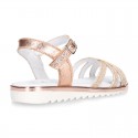 Metal finish leather sandal shoes with SHINY design and white soles.